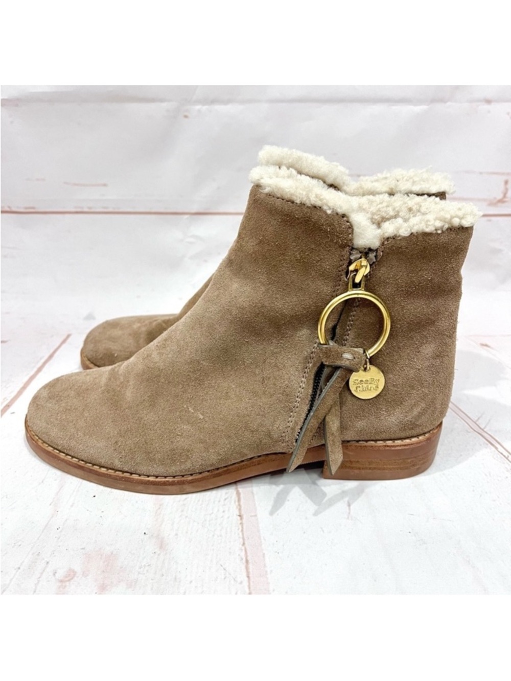 See by Chloe Suede Leather Louise Sheepskin Shearling Fur Lined Zip Ankle Boots